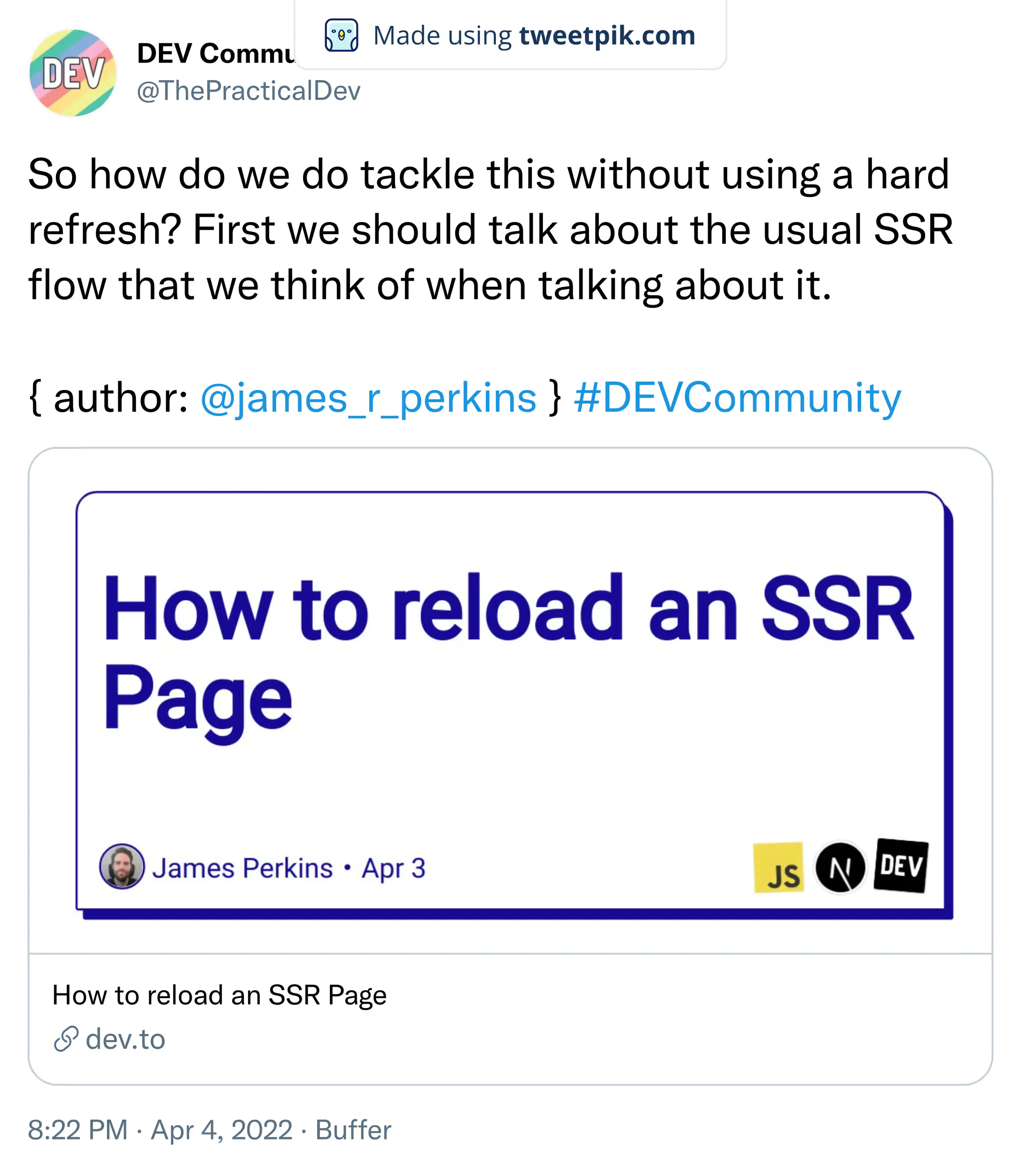 A tweet from Practical Dev tagging James Perkins and his article